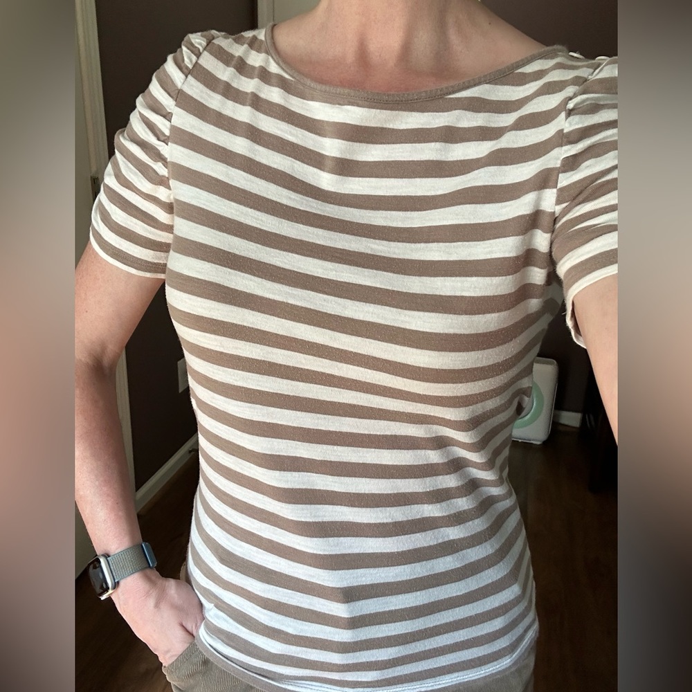 Banana Republic Factory Striped Tee with Gathered Sleeves and Button Details - S